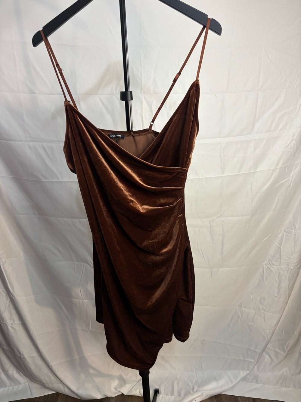 Fashion Nova Brown Velvet Draped Mini Dress
